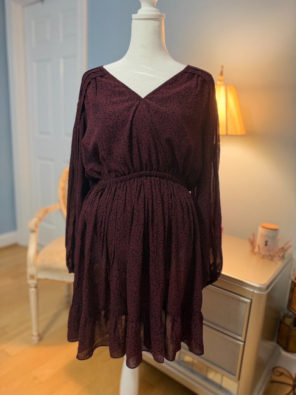Madewell Georgette Mini Dress, Maroon w/Dark Floral Detail, Size M